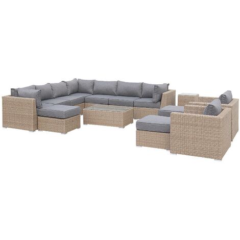 Salon de jardin haut de gamme en résine tressée arrondie VERONA 12 à 14 places Beige / Gris foncé