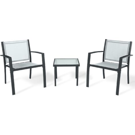 Salon de jardin Havana 3 pie'ces 2 fauteuils et 1 table basse en verre trempe' structure en acier assise et dossier en textile'ne gris