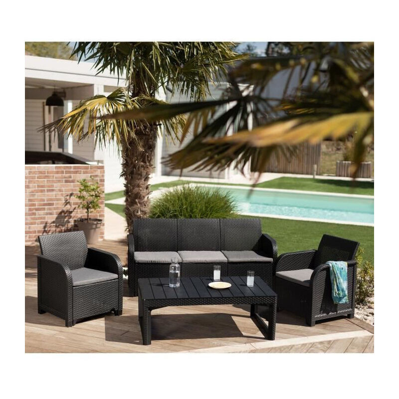 Les Tendances - Salon de jardin imitation en rotin tresse allibert by keter - 5 places - Table basse 2 positions - Gris graphite - sanremo lyon