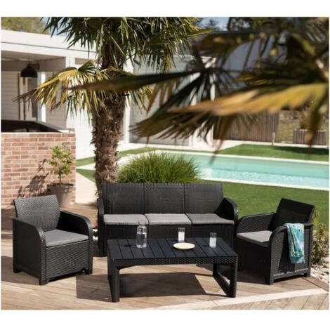 Salon de jardin imitation en rotin tresse ALLIBERT by KETER - 5 places - Table basse 2 positions - Gris graphite - SANREMO LYON