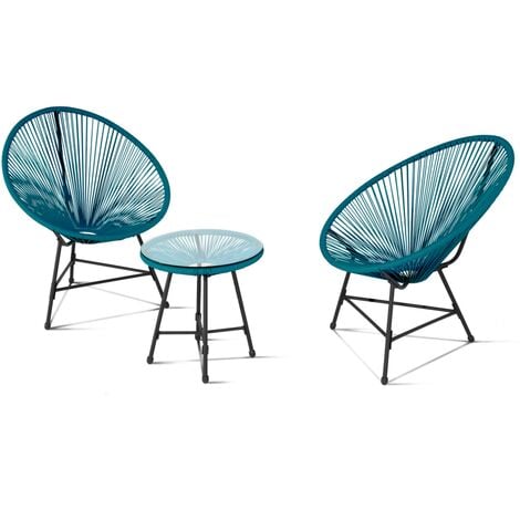Salon de jardin IZMIR table et 2 fauteuils oeuf cordage bleu canard - Bleu