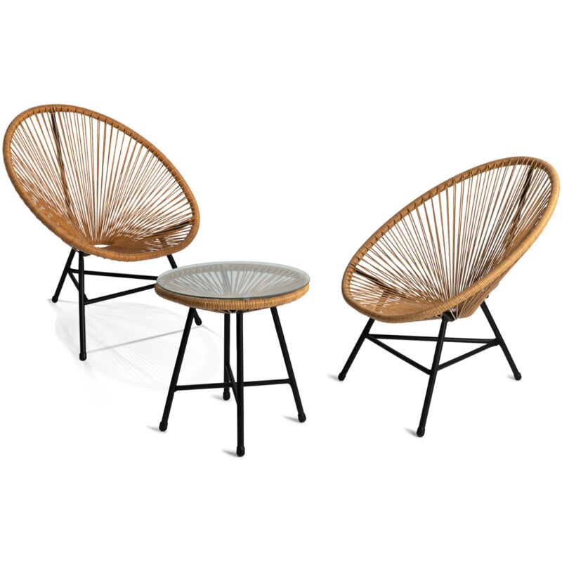 Salon de jardin Idmarket Izmir - Table et 2 fauteuils oeuf - Cordage effet rotin - Bois-clair