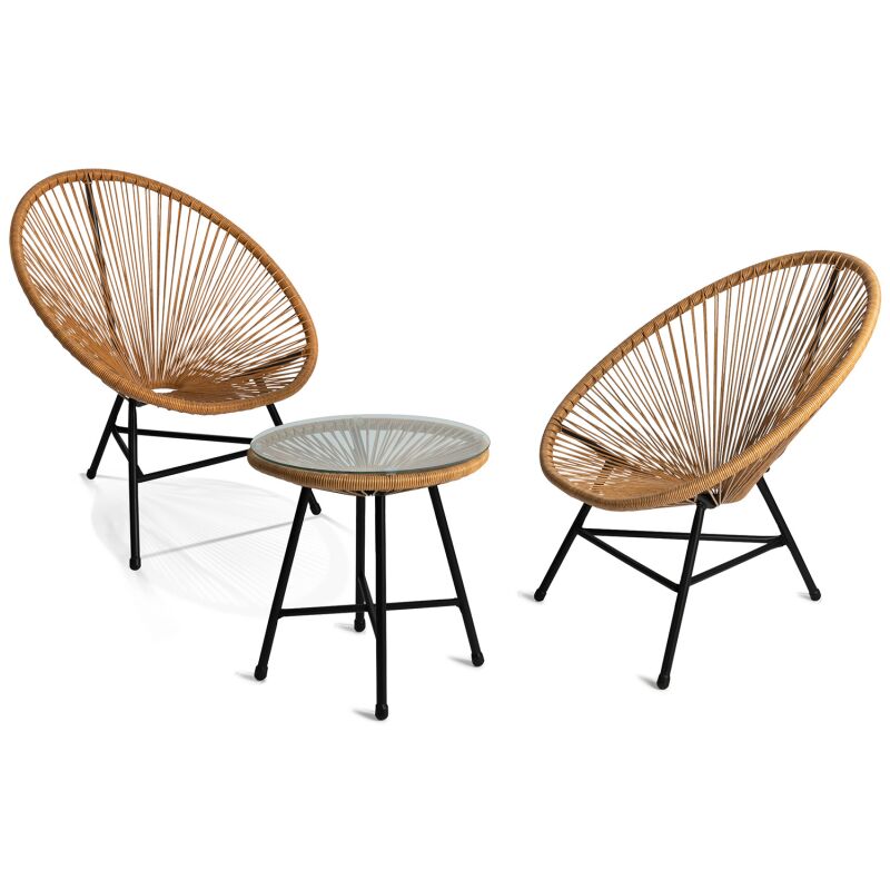 Salon de jardin Idmarket Izmir - Table et 2 fauteuils oeuf - Cordage effet rotin - Bois-clair - Bois-clair