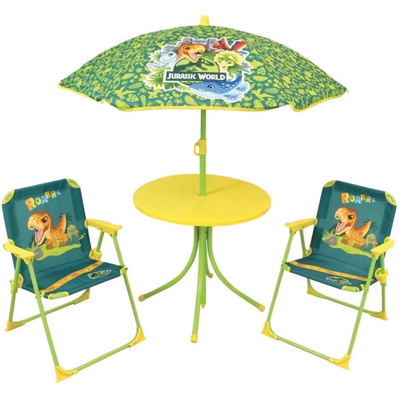 Funhouse - fun house Jurassic Salon de jardin dinosaures - 1 table 46 x ø46 cm, 2 chaises 53 x 38,5 x 37,5 cm et 1 parasol 125 x ø100 cm