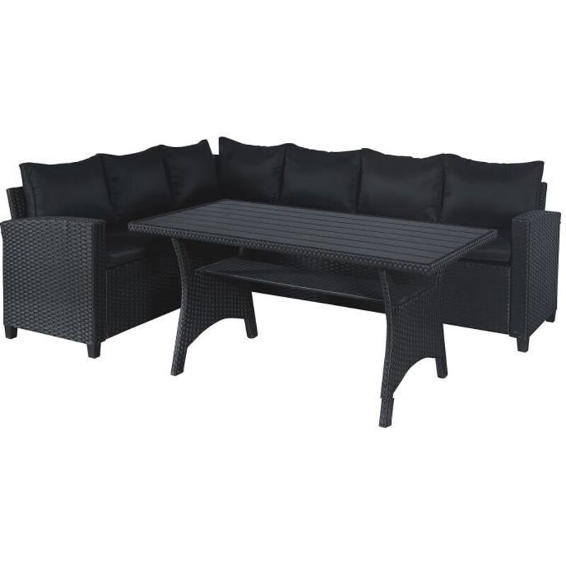 Salon de jardin 5 places en acier et résine tressée – Table haute et canapés – Coussins épais 8/15 cm – Noir