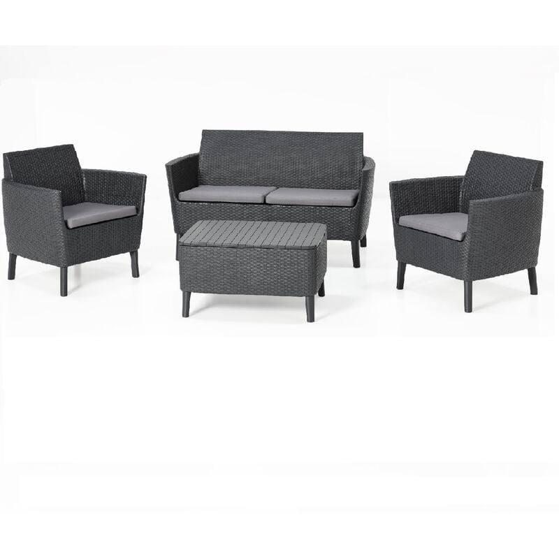 Keter - Salon Salemo graphite en re'sine effet polirattan compose' d'un canape' de deux fauteuils avec coussins et d'une table de jardin exte'rieur