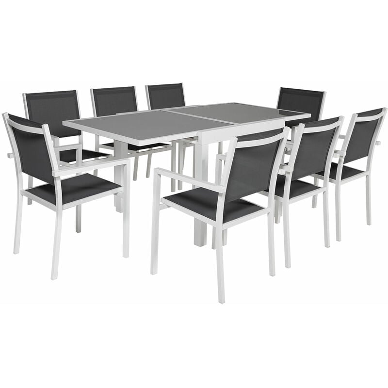Salon de jardin LAMPEDUSA extensible en textilène gris 8 places - aluminium blanc - Blanc