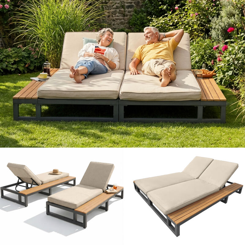 Salon de jardin - Lit de jardin double 184x159 cm avec dossier réglable 4 positions, étagères et pieds antidérapants, métal beige