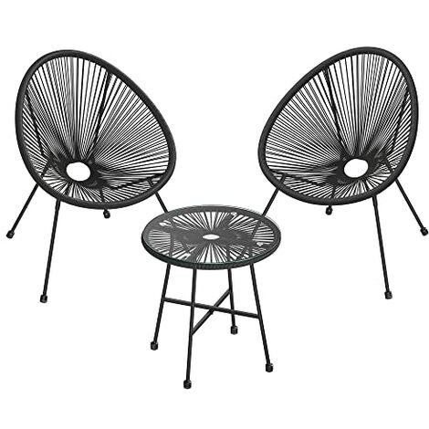 Salon de jardin lot 3 meubles de terrasse chaises d'extérieur acapulco avec table en verre noir