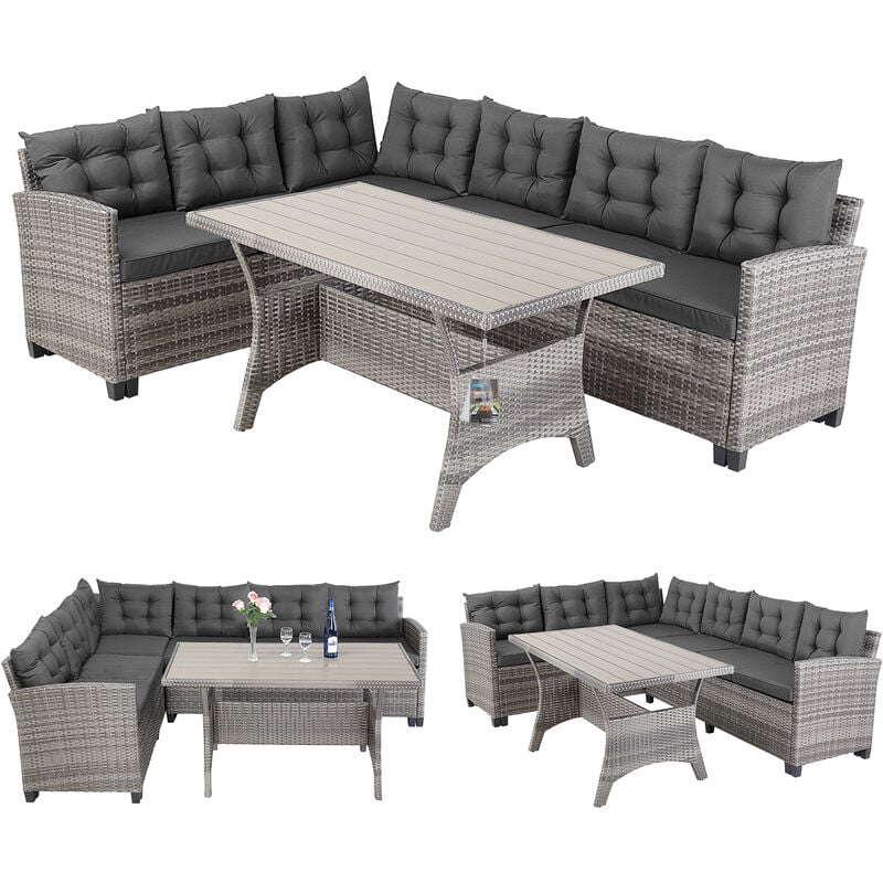 Casaria - Salon de jardin lounge en polyrotin gris anthracite Canapé d'angle avec table 6 personnes Mobilier de jardin extérieur