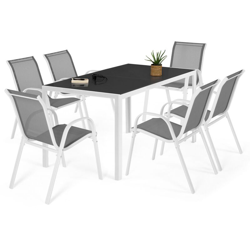 Idmarket - Salon de jardin madrid table 150 cm et 6 chaises empilables blanc et gris - Gris