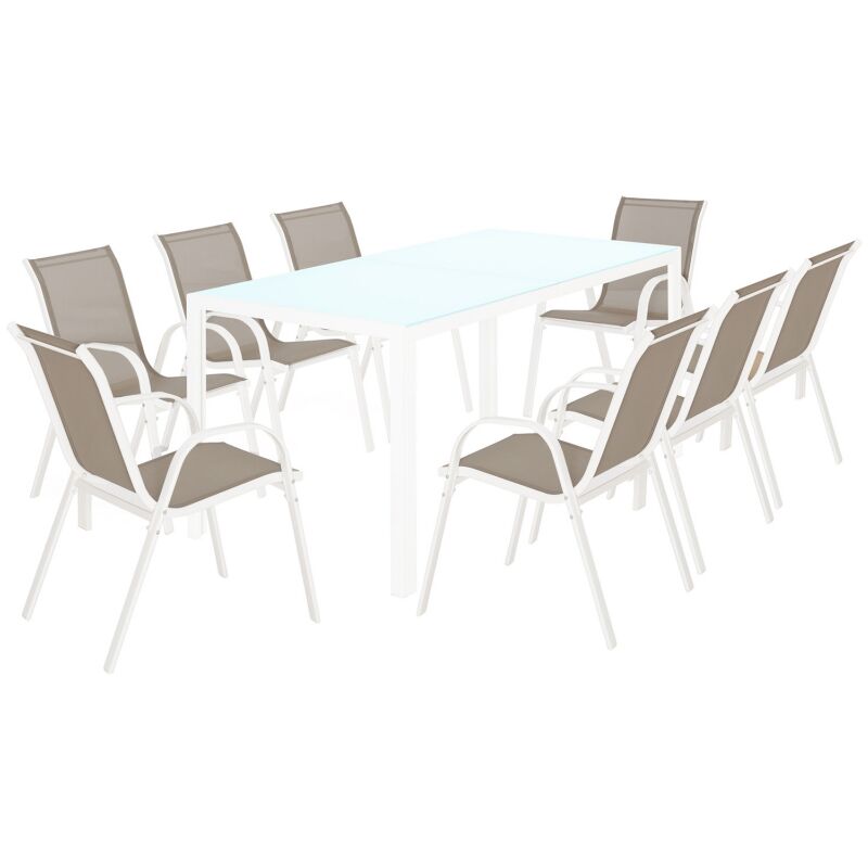 Salon de jardin madrid table 190 cm et 8 chaises empilables blanc et beige - Blanc