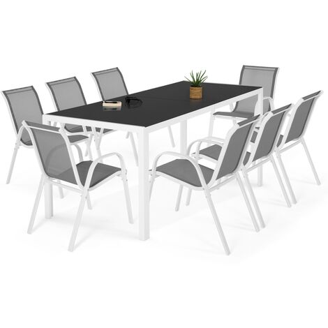 Salon de jardin MADRID table 190 CM et 8 chaises empilables blanc et gris