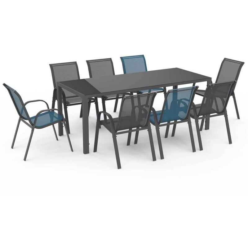 Salon de jardin madrid table 190 cm et 8 chaises empilables mix color bleu, gris et noir - Gris