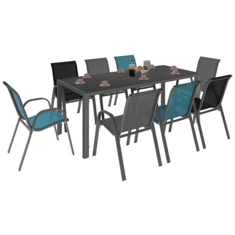 Salon de jardin MADRID table 190 cm et 8 chaises empilables mix color bleu, gris et noir