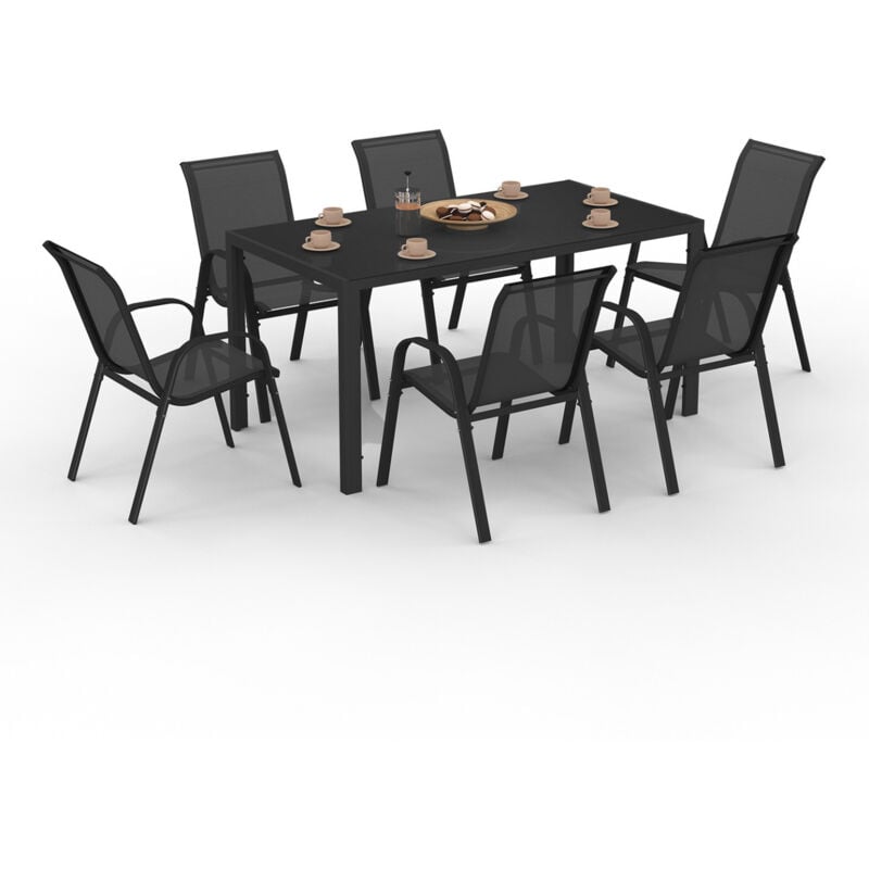 Salon de jardin madrid table 150 cm et 6 chaises empilables noir