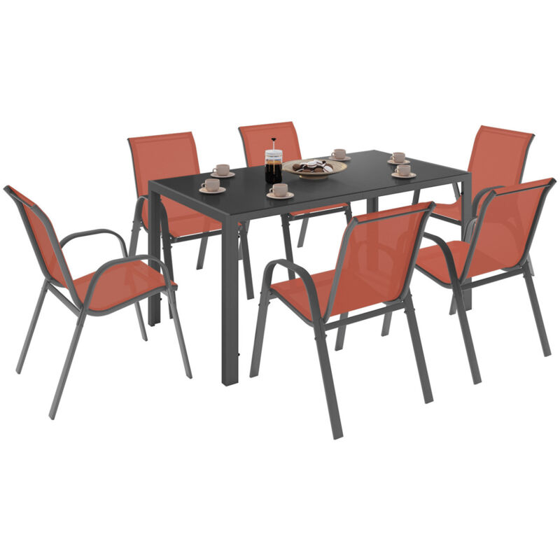 Salon de jardin madrid table 150 cm et 6 chaises empilables terracotta