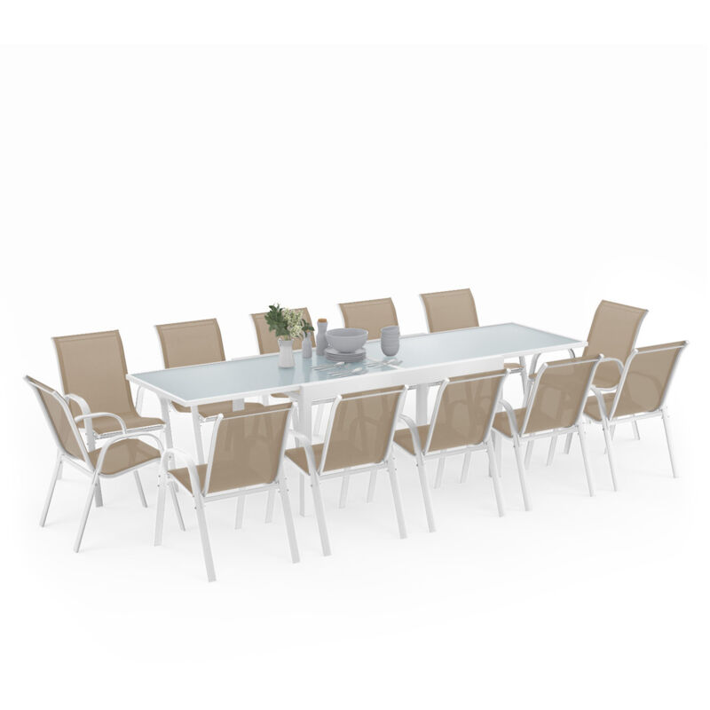 Salon de jardin madrid table extensible 135-270 cm et 12 chaises empilables blanc et beige