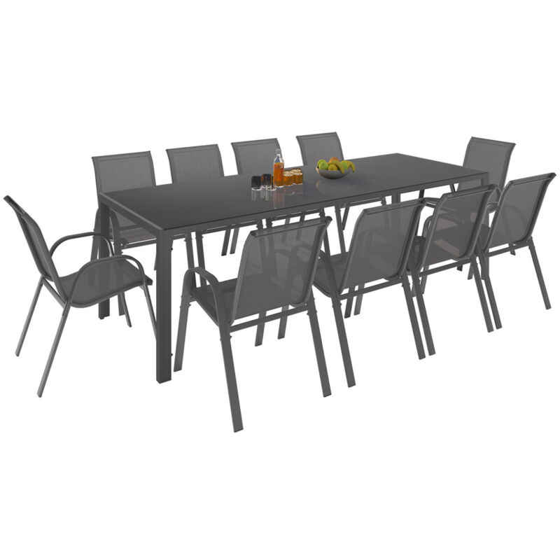 Salon de jardin madrid table 240 cm et 10 chaises empilables gris anthracite