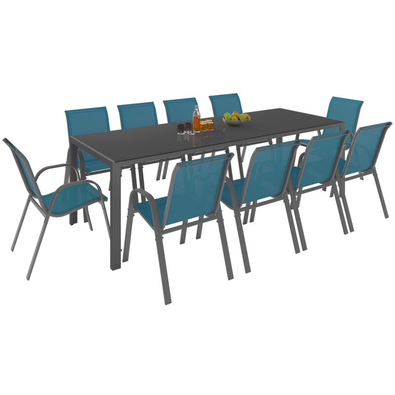 Salon de jardin madrid table 240 cm et 10 chaises empilables bleu canard