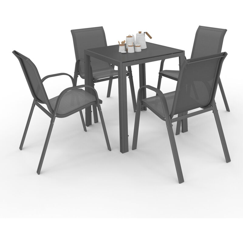Salon de jardin madrid table 70 x 70 cm et 4 chaises empilables gris anthracite