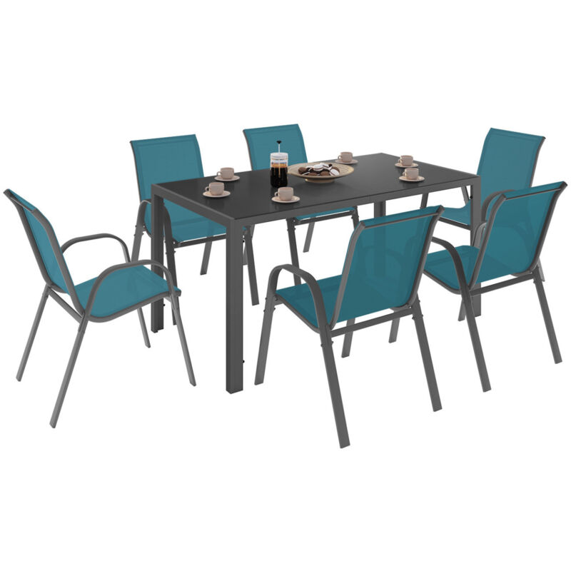 Salon de jardin madrid table 150 cm et 6 chaises empilables bleu canard