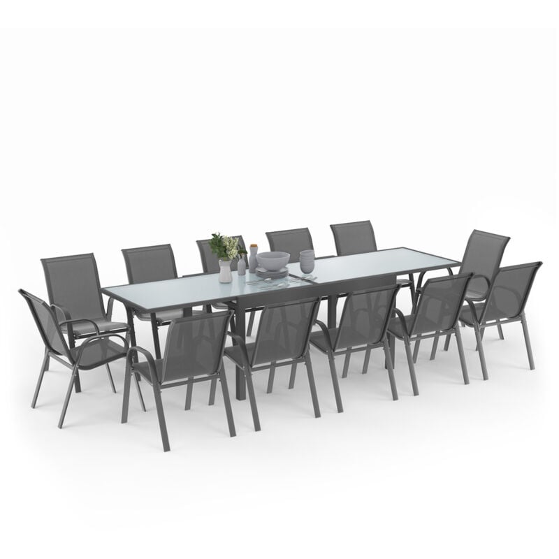 Salon de jardin MADRID table extensible 135-270 CM et 12 chaises empilables gris anthracite