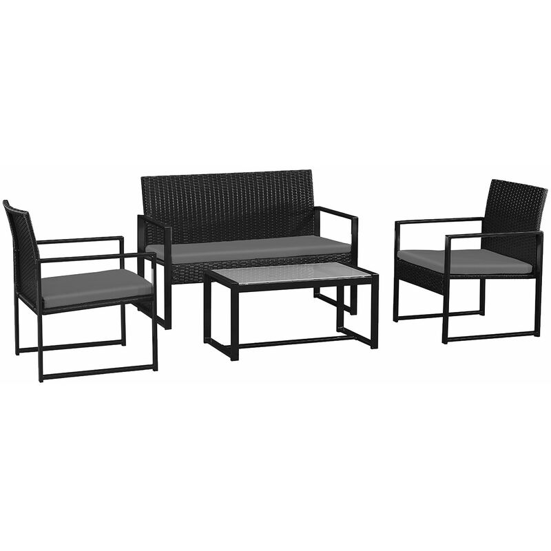 Happy Garden - Salon de jardin majorque en résine tressée noir 4 places - coussins gris