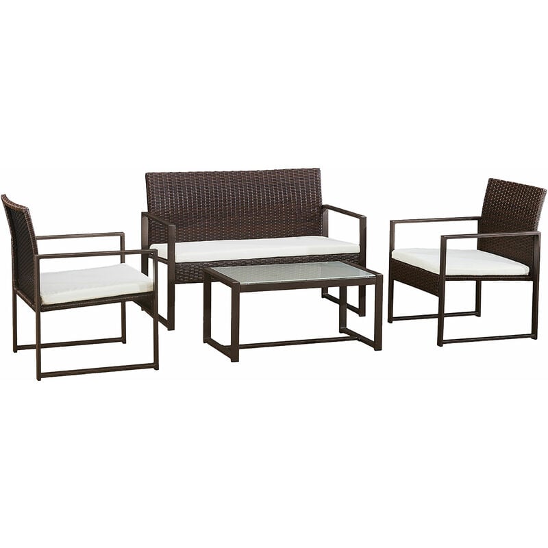 Happy Garden - Salon de jardin majorque en résine tressée marron 4 places - coussins ivoire