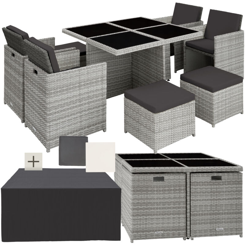 Salon de jardin avec cadre en aluminium avec Plateaux en verre de sécurité 2 sets de housses, pliable, housse de protection incluse