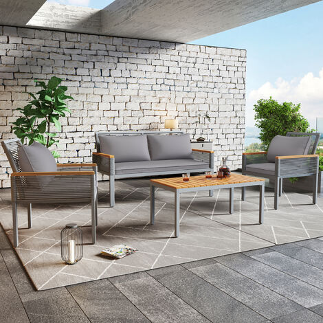 Salon de jardin Merax - Bois d'acacia - Structure en acier - Coussins gris - Ensemble table et chaises de jardin, mobilier, terrasse