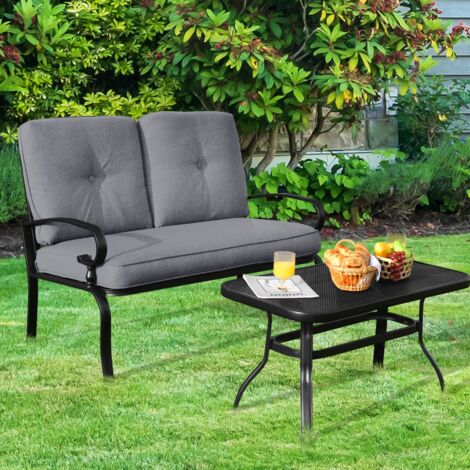 Salon de Jardin Métal 2 Pièces Table Basse Coussin Éponge Canapés Terrasse 2 Personnes CW72264