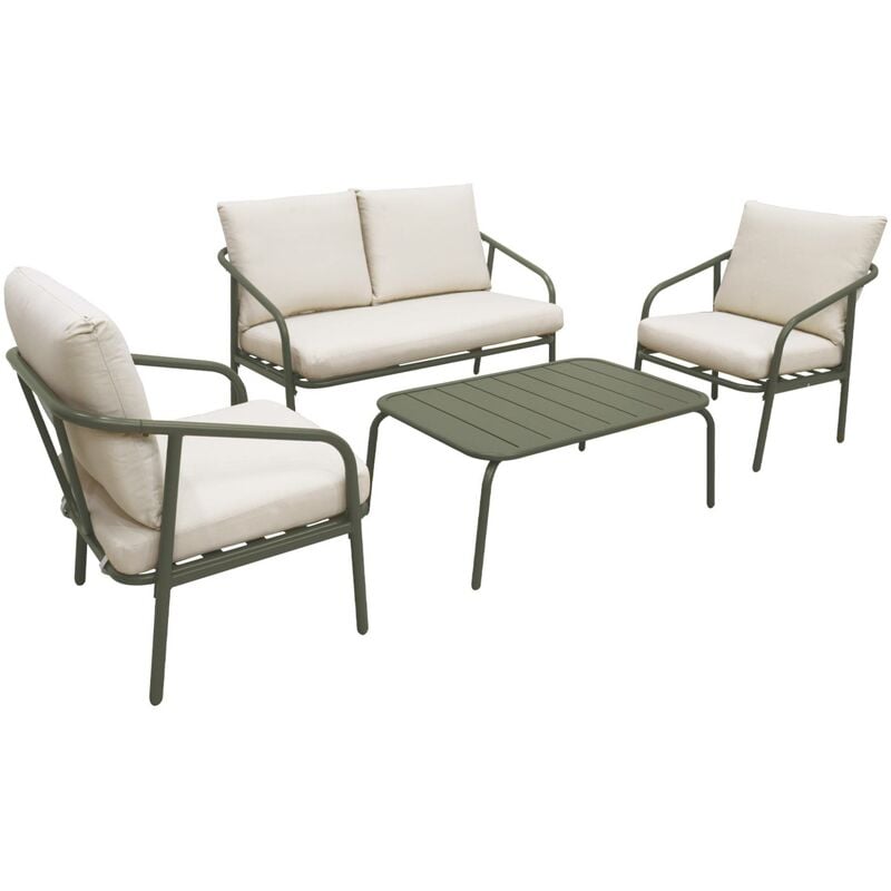 Salon de jardin en métal 4 places. design épuré arrondi Kaki / Beige