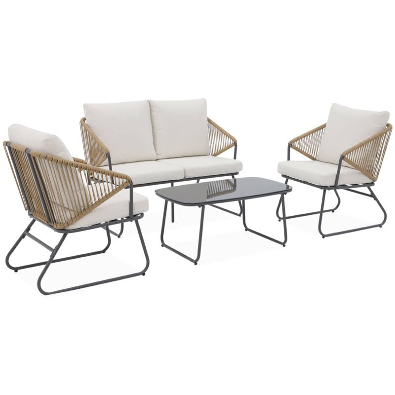 Sweeek - Salon de jardin métal et résine naturelle. effet corde. coussins beiges. 4 places