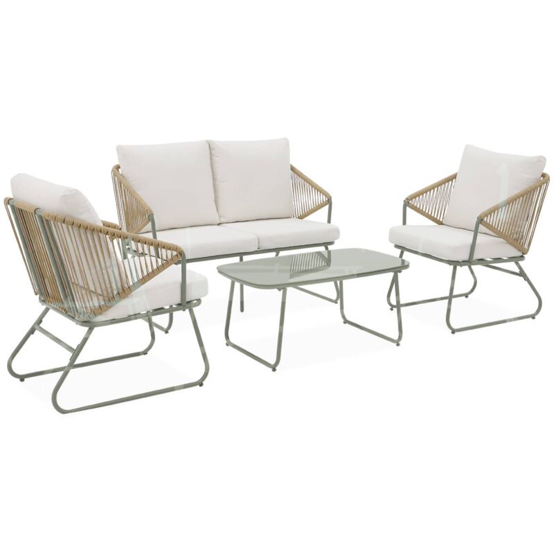 Salon de jardin métal et résine plastique effet corde. 4 places Kaki / Beige