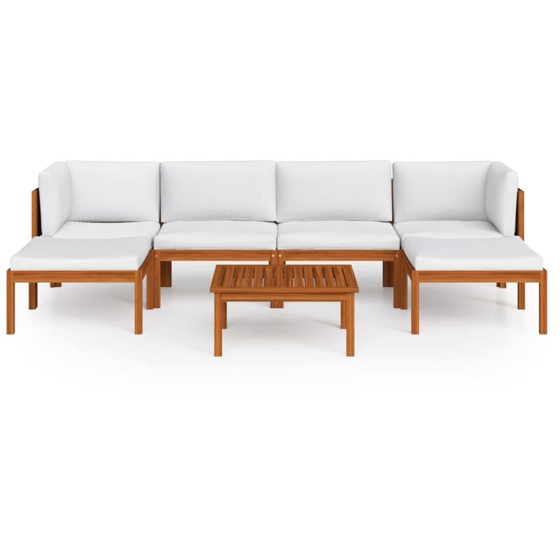 Salon de jardin meuble d'extérieur ensemble de mobilier 7 pièces avec coussins crème bois d'acacia solide - Bois