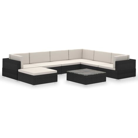 Salon de jardin meuble d'extérieur ensemble de mobilier avec coussins 8 pièces résine tressée noir
