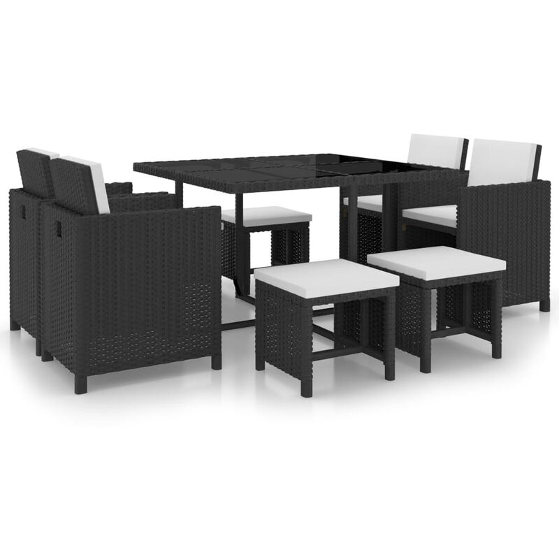 Helloshop26 - Salon de jardin meuble d'extérieur ensemble de mobilier encastrable 9 pièces et coussin résine tressée noir - Noir