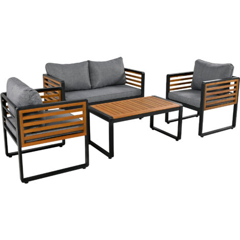 Salon de jardin, mobilier avec cadre en fer galvanisé, (grand ensemble, 4 pièces, 1 canapé 2 places, 2 fauteuils, 1 table), accoudoirs décoratifs en bois gris