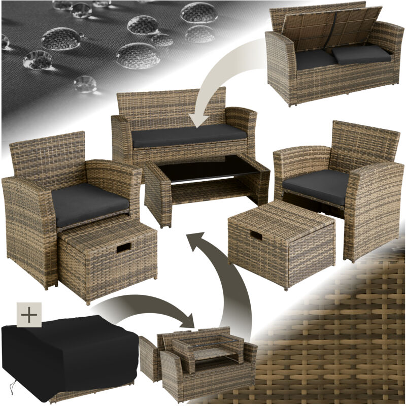 Tectake - Salon de jardin Pour 4 à 6 personnes avec Plateau en verre de sécurité Housses amovibles pour le lavage