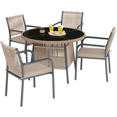 Salon de Jardin Moderne en Rotin, Table Ronde Verre et 4 Fauteuils, Terrasse/Balcon