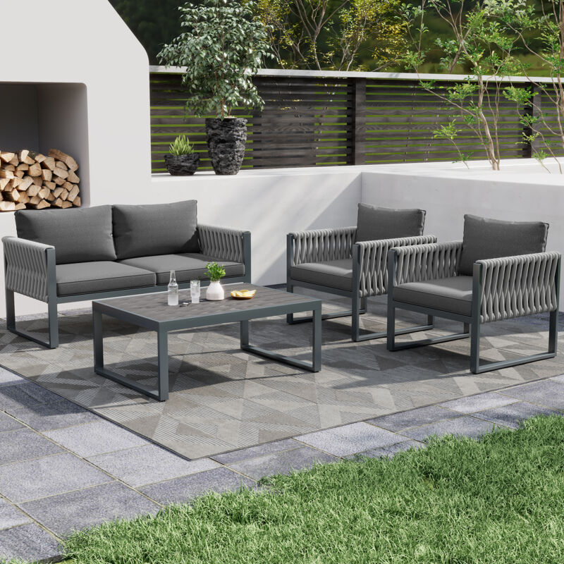Salon de jardin moderne, rotin et fer galvanisé - ensemble table et chaises de 4 avec coussins - pieds réglables - pour balcons, gris