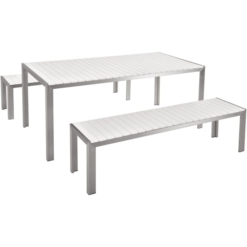 Table de Jardin et 2 Bancs 180 x 90 cm en Bois Synthétique Blanc et Aluminium Nardo - Argenté