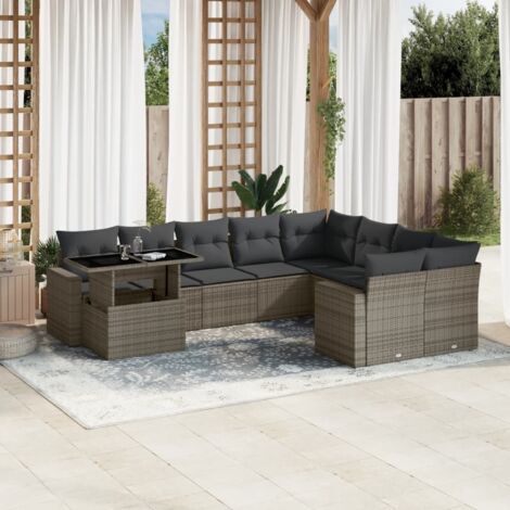 Salon de Jardin Modulable 10 Places en Résine Tressée Gris, Coussins et Table à Hauteur Réglable