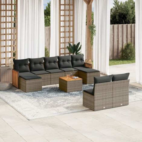 Salon de Jardin Modulable 10 Places en Résine Tressée Gris - Ensemble avec Canapés, Table, Coussins et Accoudoirs