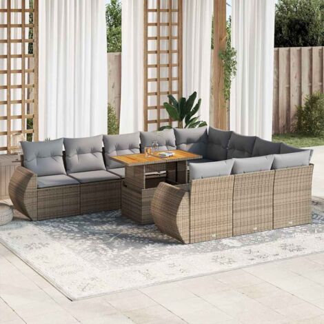 Salon de Jardin Modulable 11 Pièces en Résine Tressée Beige avec Coussins Gris et Table en Acacia Ensemble Canapé Jardin
