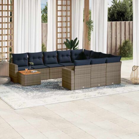 Salon de jardin modulable 11 pièces gris résine tressée avec table acacia, coussins bleu marine et rangement