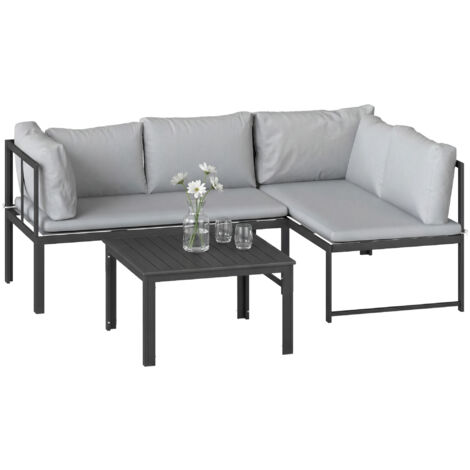 Salon de jardin modulable 4 places gris avec coussins épais 16cm