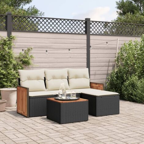 Salon de Jardin Modulable 5 Pièces en Résine Tressée Noir avec Coussins Crème, Stockage Intégré et Table Acacia