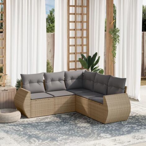 Salon de Jardin Modulable 5 Places en Résine Tressée Beige avec Coussins Gris Confortables